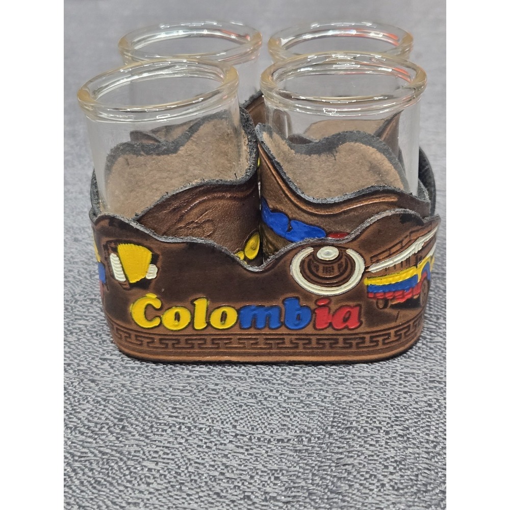 Colombia Mini Shot Glass Set w/ Holder Leather Look Souvenir Copa Mini x4